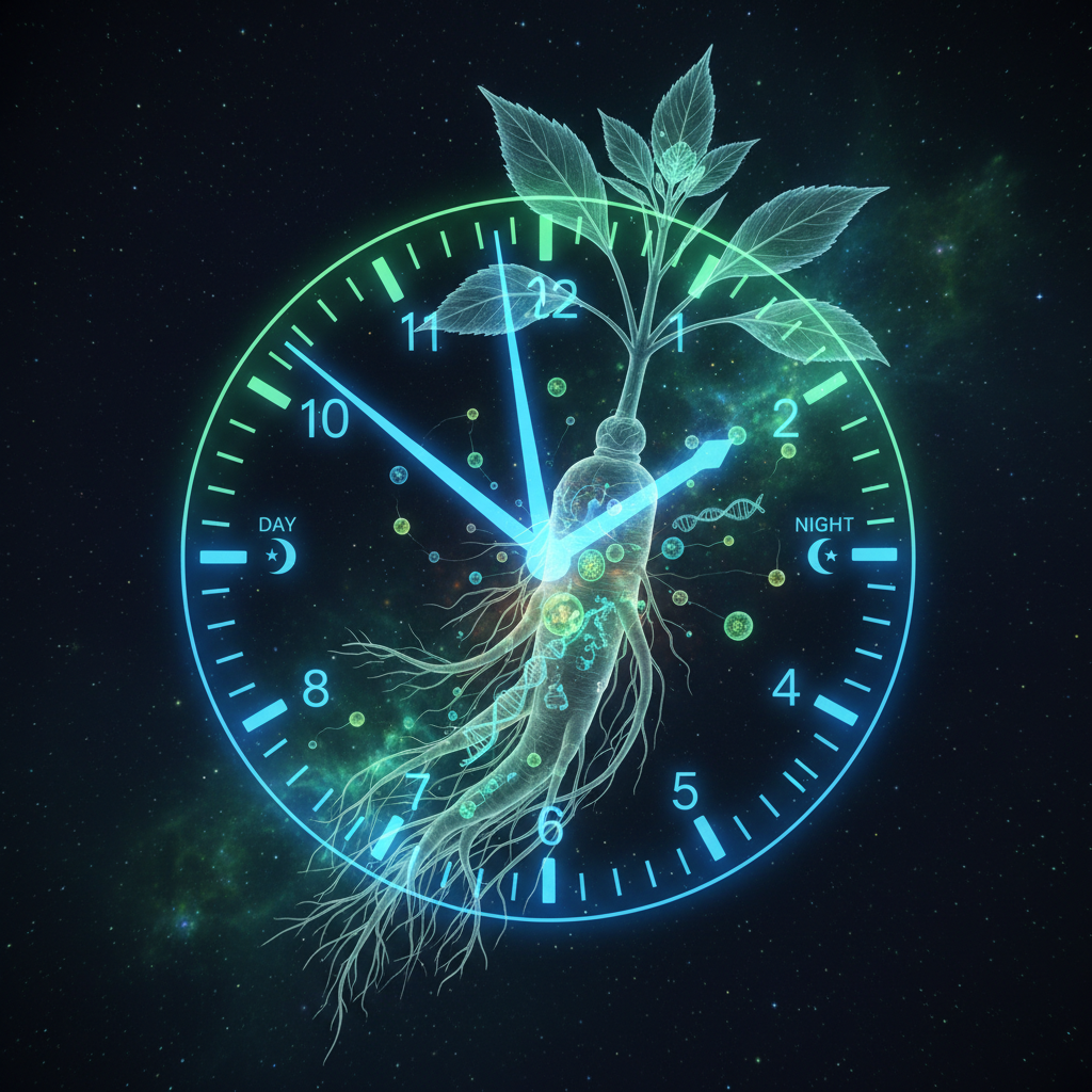 Scientific visualization of circadian rhythm clock overlaid on a medicinal herb plant showing internal biological clock mechanisms with bioluminescent molecular structures