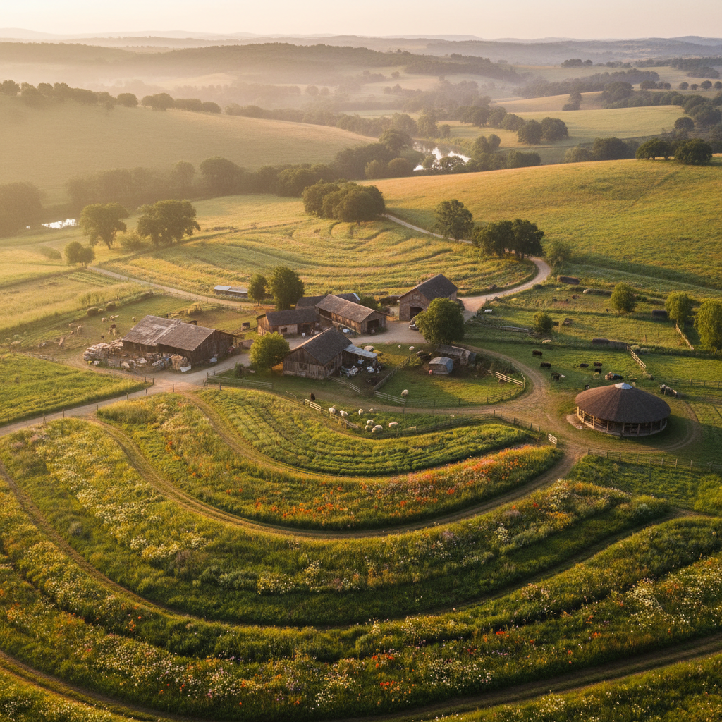 Aerial view of a lush regenerative ranch and herbal farm at golden hour with rows of medicinal herbs and wildflower meadows