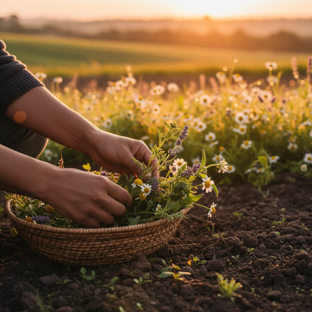 Close-up of hands harvesting medicinal herbs at sunrise on an Indigenous agroecology farm with golden morning light illuminating chamomile and adaptogenic plants in a woven basket