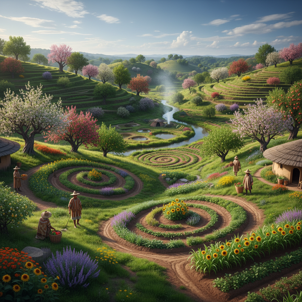 Wide panoramic view of a regenerative Indigenous agroecology ranch with diverse polyculture farming, medicinal herb gardens, and traditional permaculture design in lush seasonal landscape